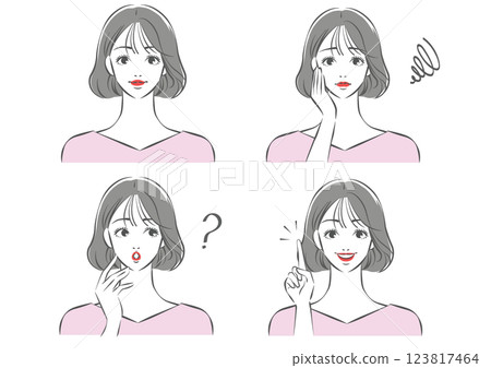 留著黑色鮑伯髮型的女人的臉部表情插圖集 123817464