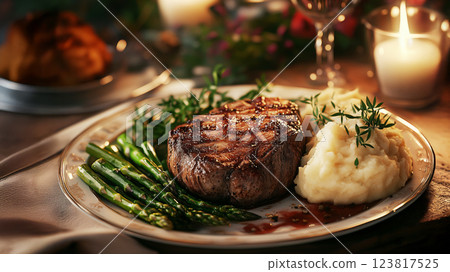 juicy steak dinner with mashed potatoes and asparagus on festive table. ai generative 123817525