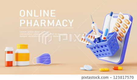 Online pharmacy 3d banner. Drugstore in mobile app and drug delivery service concept. Render cartoon smartphone with cart of medicines, pill bottles, mask, syringe and thermometer. 3D illustration Online pharmacy 3d banner. Drugstore in mobile app and drug delivery service concept. Render cartoon smartphone with cart of medicines, pill bottles, mask, syringe and thermometer. 3D illustration 123817570