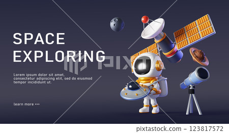 3d space exploring banner. Cartoon render of astronaut in spacesuit holding toy ufo alien spaceship with telescope for observation planets, moon and flying satellite on dark night sky. 3D illustration 3d space exploring banner. Cartoon render of astronaut in spacesuit holding toy ufo alien spaceship with telescope for observation planets, moon and flying satellite on dark night sky. 3D illustration 123817572