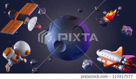 Galaxy 3d background with spaceship, astronaut, satellite, meteor in outer space. Alien planet or moon landscape with craters and stone asteroids flying in night sky, cartoon render. 3D illustration 123817577