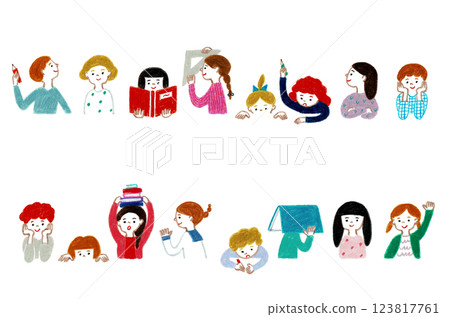 Hand-drawn illustration: Children sitting side by side at a table Hand-drawn illustration: Children sitting side by side at a table 123817761