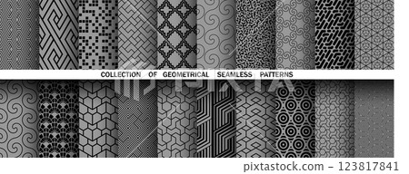 Geometric set of seamless black and gray patterns. Simple vector graphics Geometric set of seamless black and gray patterns. Simple vector graphics 123817841