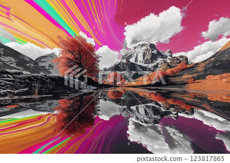 Vivid Acid Glitch Landscape with Neon Rainbow Sky for Trippy 80s, Psychedelic Art 123817865