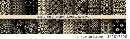 Geometric floral set of seamless patterns. Golden and black vector backgrounds. Damask graphic ornaments Geometric floral set of seamless patterns. Golden and black vector backgrounds. Damask graphic ornaments 123817896