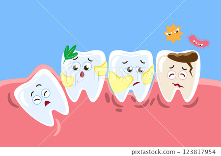 Periodontal disease . Dental caries, dental plaque, wisdom tooth and periodontitis . Cute cartoon characters . Vector . Periodontal disease . Dental caries, dental plaque, wisdom tooth and periodontitis . Cute cartoon characters . Vector . 123817954