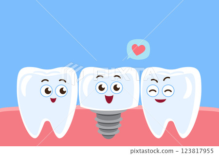 Dental implant . Prosthodontics . Teeth cartoon characters and copy space on upper site . Vector . 123817955