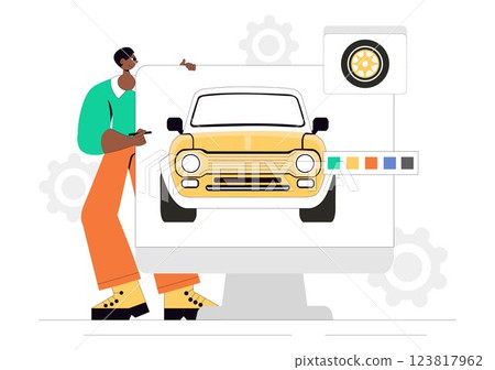Car Customization and Modifications Vector Illustration featuring a Tuned Automobile with Upgraded Wheels, Nitrous Systems, and Body Kit Enhancements 123817962
