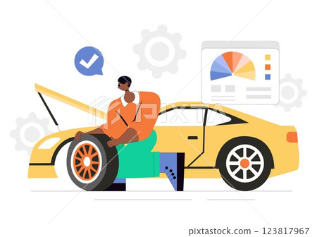 Car Customization and Modifications Vector Illustration featuring a Tuned Automobile with Upgraded Wheels, Nitrous Systems, and Body Kit Enhancements Car Customization and Modifications Vector Illustration featuring a Tuned Automobile with Upgraded Wheels, Nitrous Systems, and Body Kit Enhancements 123817967