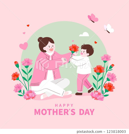 Mothers Day. A Loving Son Gifting a Carnation to His Happy Mom 123818003