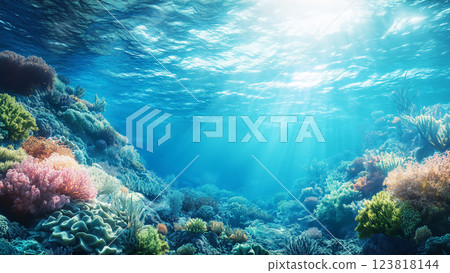 Vibrant coral reef under sunlit ocean waves. ai generative 123818144