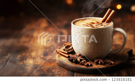warm chai tea with spices and cinnamon on wooden table. ai generative warm chai tea with spices and cinnamon on wooden table. ai generative 123818181