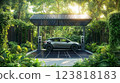 Electric car charging at solar powered station in lush forest setting. ai generative 123818183
