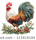 Colorful rooster in folk art style with vibrant feathers and flowers. ai generative 123818184