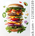 towering burger with floating ingredients creates dynamic visual. ai generative 123818189