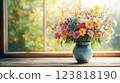 vibrant bouquet of flowers in vase by sunny window. ai generative 123818190