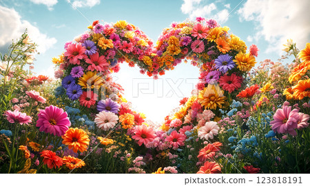 Heart shaped flower arrangement under bright sky ai generative Heart shaped flower arrangement under bright sky ai generative 123818191