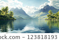 Serene lake with lush mountains and palm trees under bright sky. ai generative 123818193