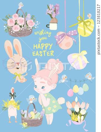 Happy Easter Set with Cute Girl-Bunny and Easter Elements 123818217
