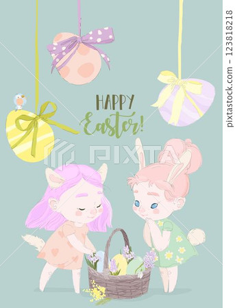 Happy Easter Greeting Card with Cute Girls and Easter Eggs 123818218