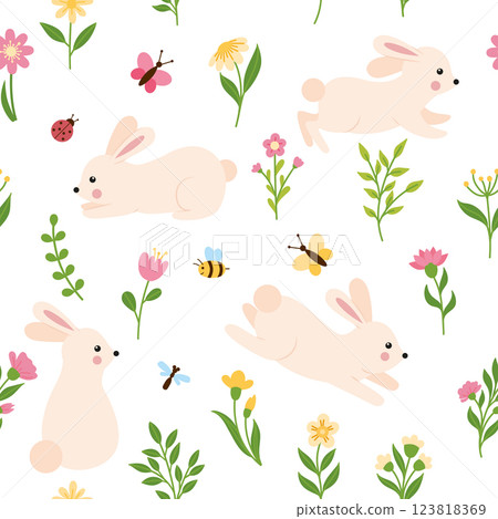 Seamless pattern with cute rabbits, flowers and butterflies 123818369