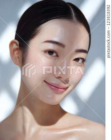 Close-up of the face of a Japanese woman with clear skin looking straight into the camera 123818392