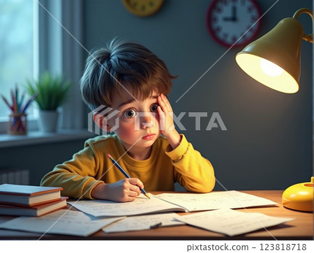little boy doing homework by the light of lamp at the table. Stressed and tired 123818718