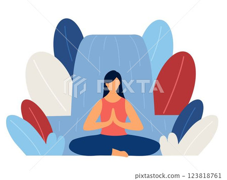 Woman meditating in lotus position with waterfall background. Vector illustration in flat style. 123818761