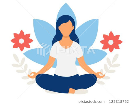 Yoga Meditation Woman in Lotus Pose. Vector illustration in flat cartoon style. Yoga Meditation Woman in Lotus Pose. Vector illustration in flat cartoon style. 123818762