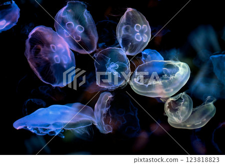 水族箱裡的水母被五彩燈光照亮 123818823