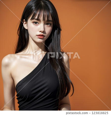 一位身穿黑色連身裙的黑髮女子的肖像 123818825
