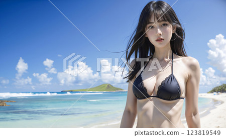 盛夏海灘上身穿比基尼的年輕女子肖像 123819549
