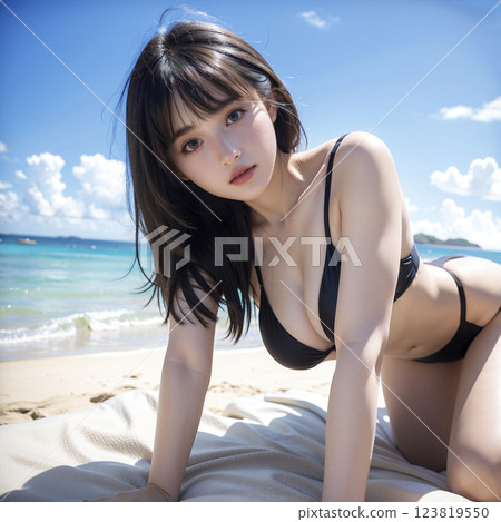 盛夏海灘上身穿比基尼的年輕女子肖像 123819550