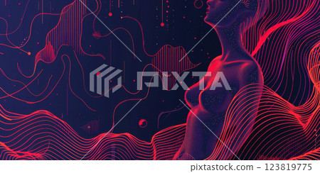 Immersive neon digital landscape with glowing circuit-like paths in purple and blue tones. 123819775
