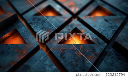 Abstract dark textured metal surface with glowing orange geometric triangles and futuristic sci-fi style Abstract dark textured metal surface with glowing orange geometric triangles and futuristic sci-fi style 123819794