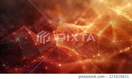 Golden glowing digital mesh network with a warm, futuristic effect. Dynamic abstract cyber technology background. 123819831