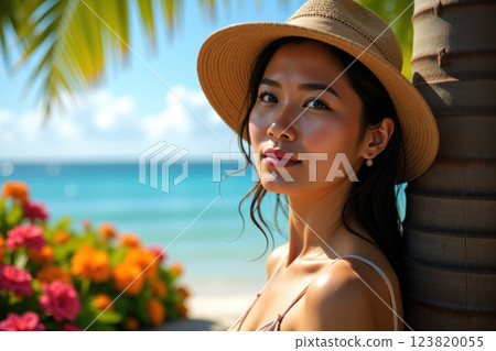 A woman in a straw hat by the beach. 123820055