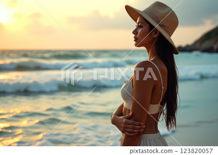 Woman in a hat by the beach. 123820057