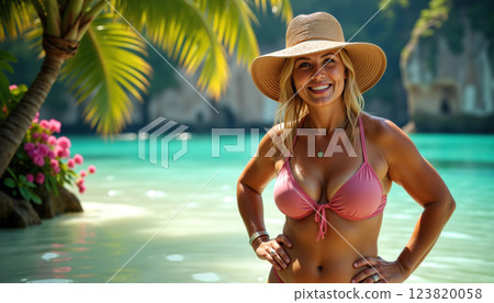 A woman smiling on a beach. 123820058