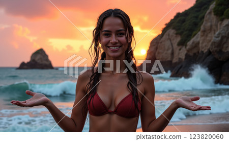 Joyful woman at sunset beach. 123820060
