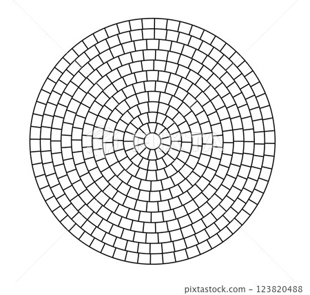 Paved circle pattern tile. Circular brick mosaic. Round radial stone pavement. Paving tile simple floor texture. Black line. Vector illustration isolated on white background 123820488