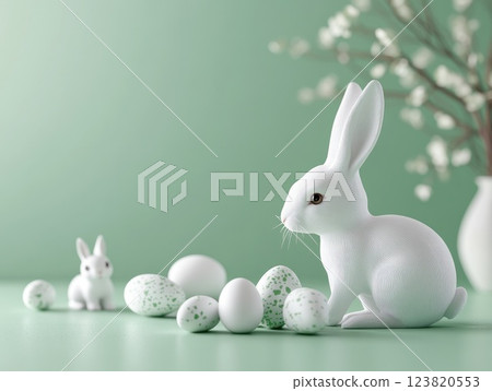 Easter decor with white rabbits and speckled eggs on pastel green background 123820553