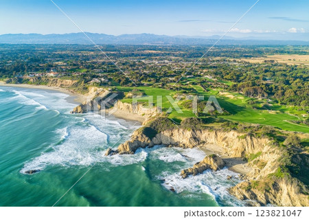 Aerial View of Coastline with Golf Course. 123821047