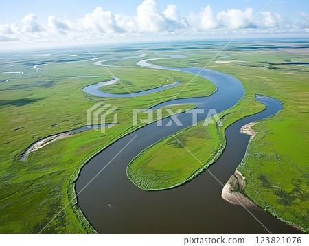 Aerial View of a Winding River. 123821076
