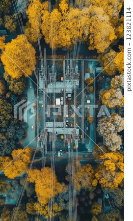 Aerial View of Power Station Surrounded by Fall Foliage. 123821114