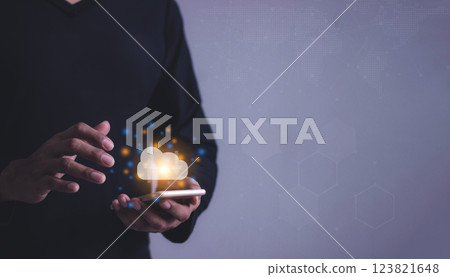 Young man with smartphone mobile hand touching to cloud computing diagram, Data storage Young man with smartphone mobile hand touching to cloud computing diagram, Data storage 123821648