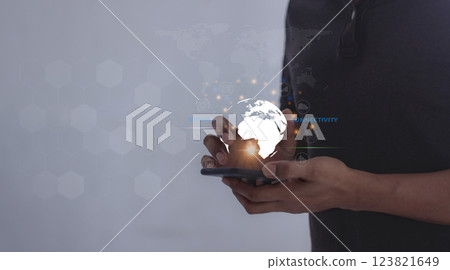 Young man hand uses smartphone touching technology circle, Digital Connectivity 123821649