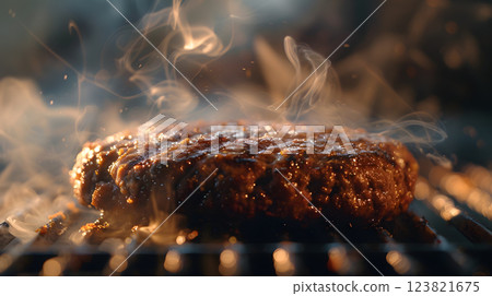 Close-up of a plant-based burger being grilled in a beachside setting 123821675