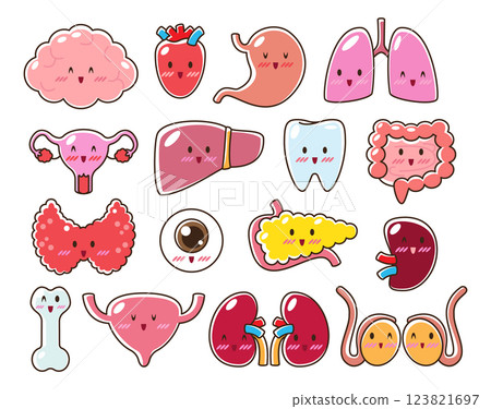 Collection of human internal organs with cartoon face style . Editable stroke . Vector . 123821697