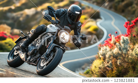 A motorcyclist in full gear leans into a sharp turn on a scenic winding road, enjoying the thrill of the ride. A motorcyclist in full gear leans into a sharp turn on a scenic winding road, enjoying the thrill of the ride. 123821881